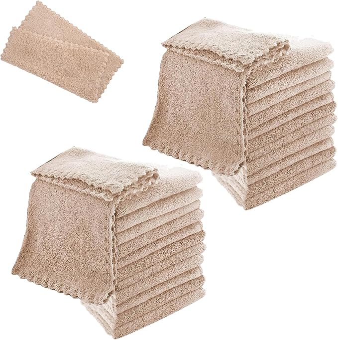 Duomama Soft 24 Pcs Washcloth Set | Quick-Dry, Absorbent Coral Velvet Towels | Ideal for Bathroom & Kitchen | Brown | Gentle on Skin, Easy Care - Image 2